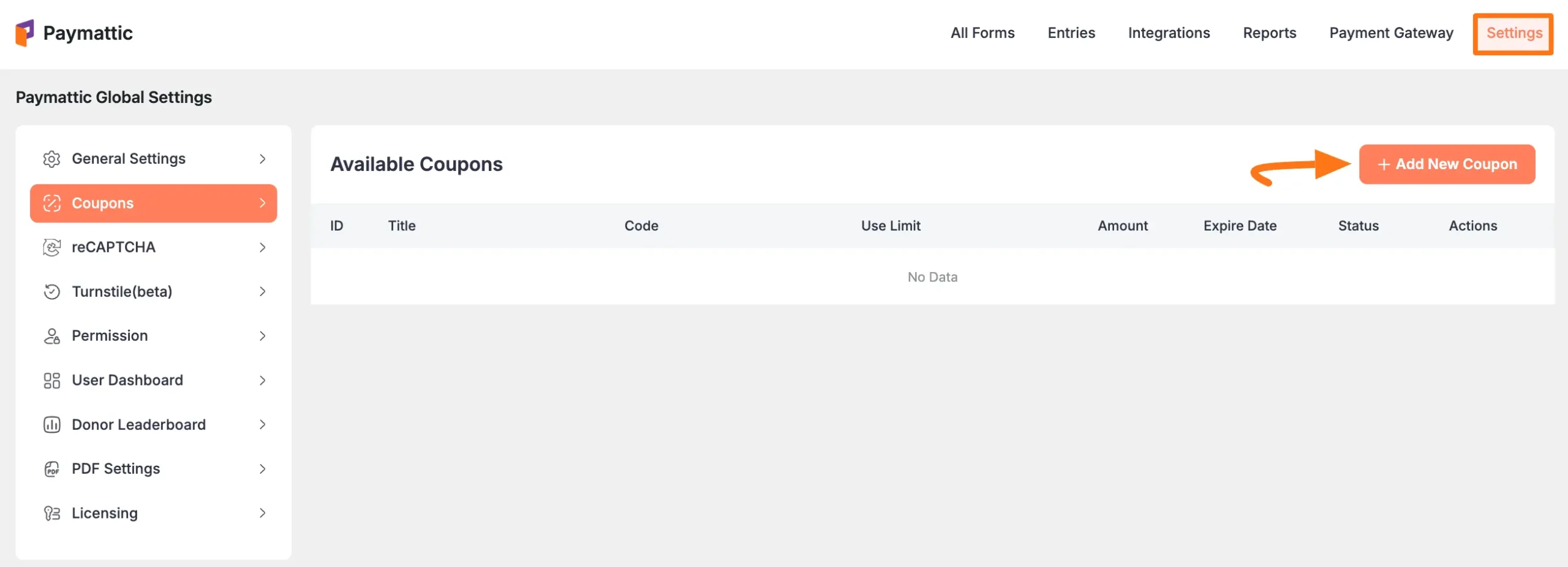 Add New Coupon Button in Paymattic