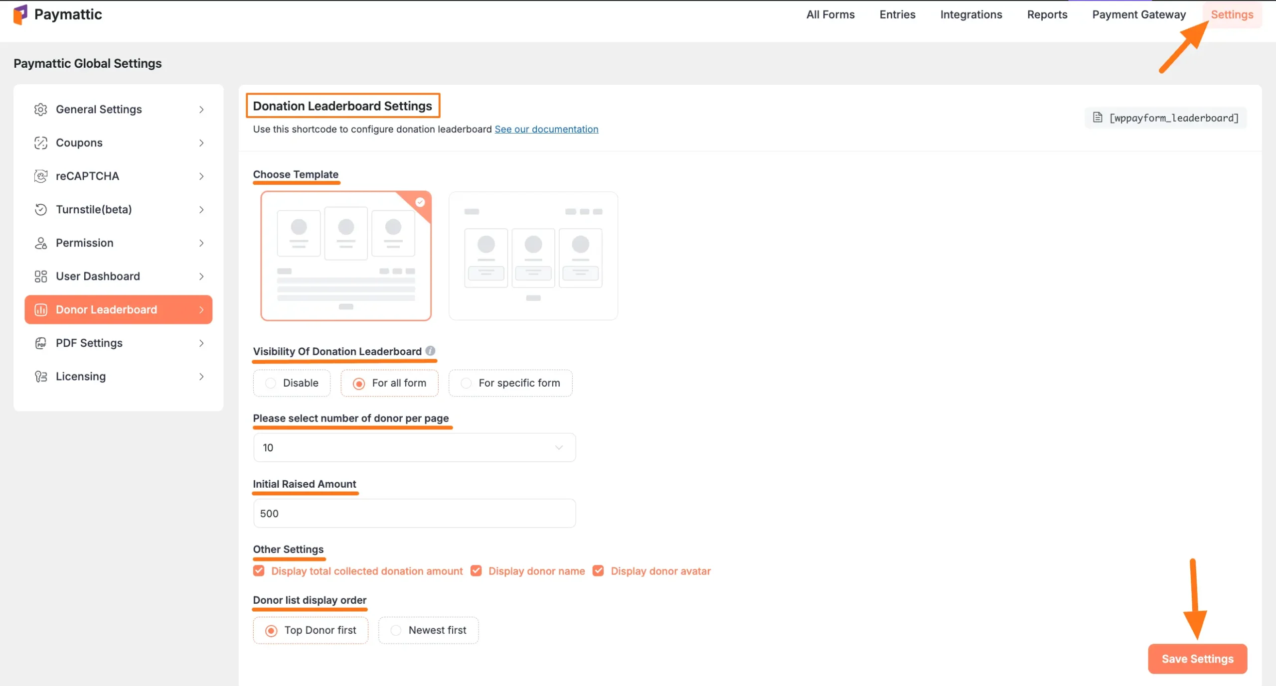 Donor Leaderboard Settings Page
