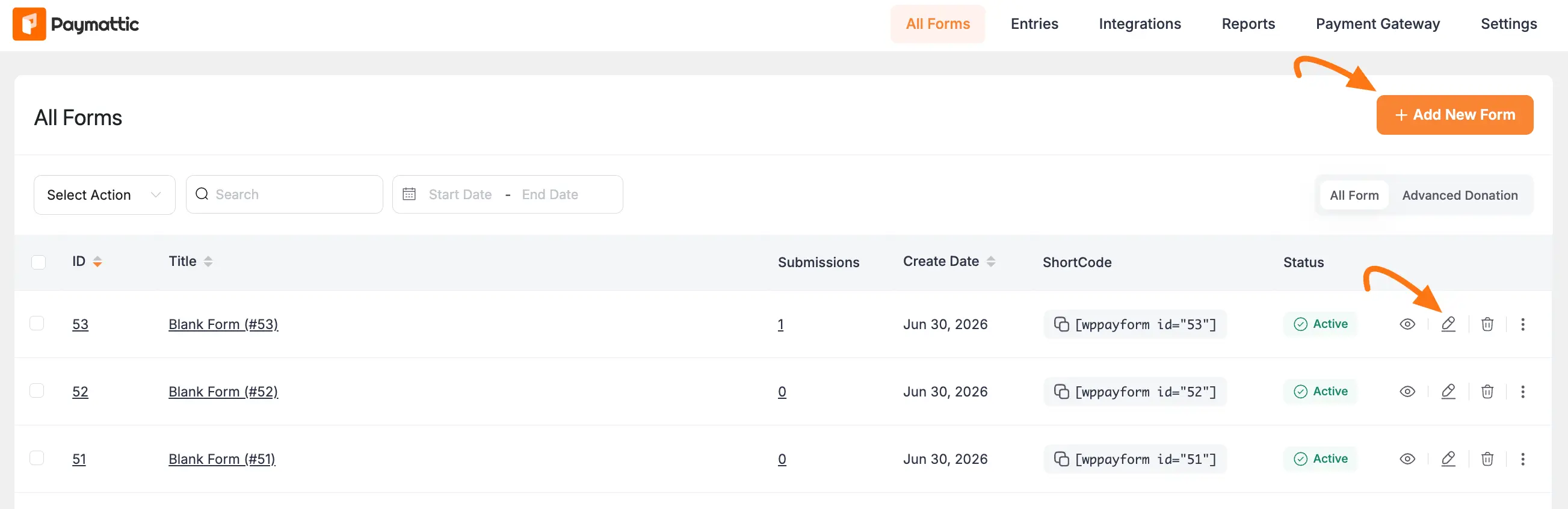 All Forms page in Paymattic