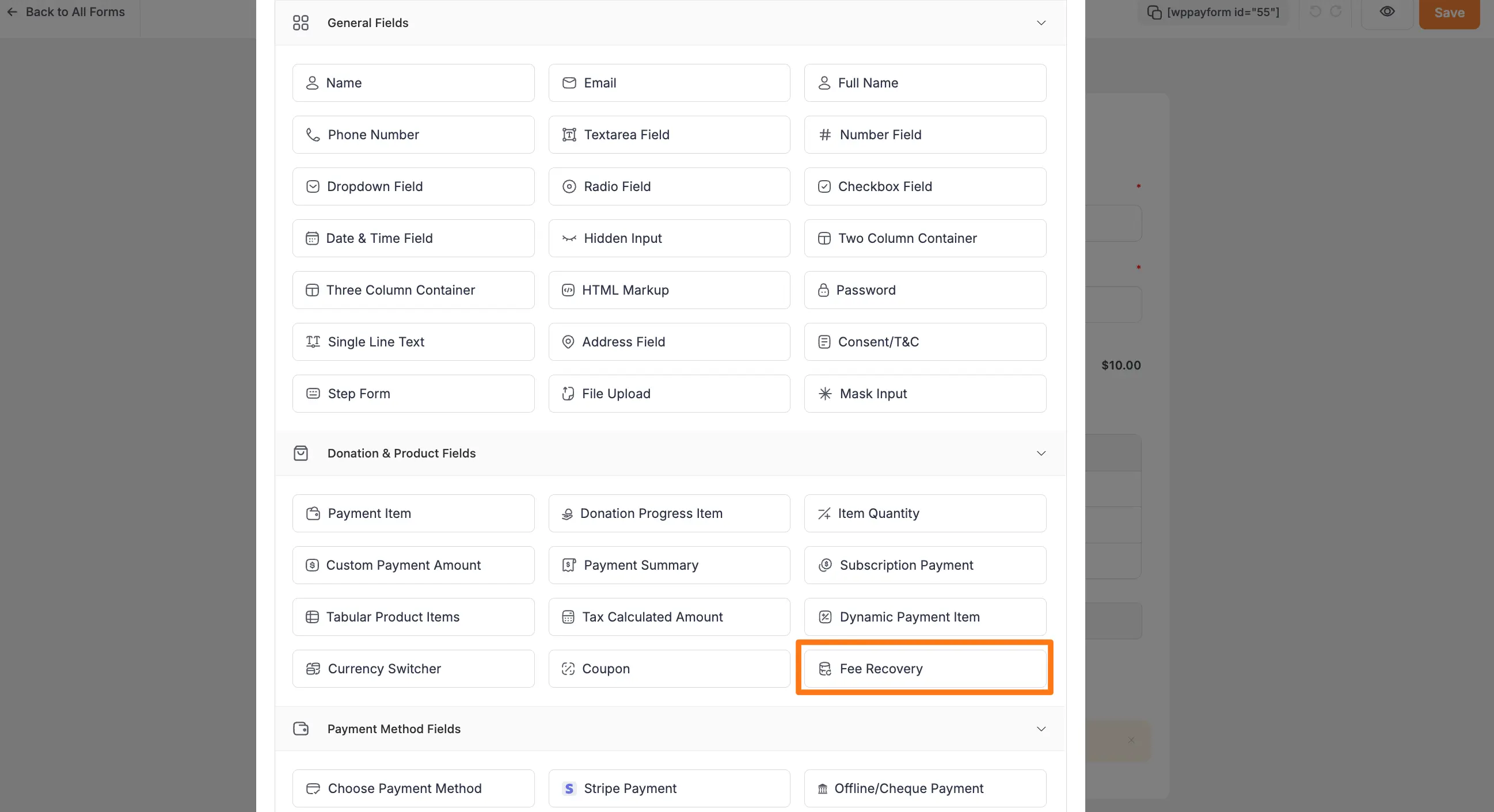 Select Fee Recovery from Donation & Product Fields