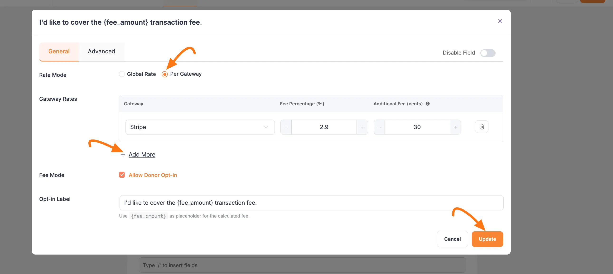 Per Gateway settings for Fee Recovery field