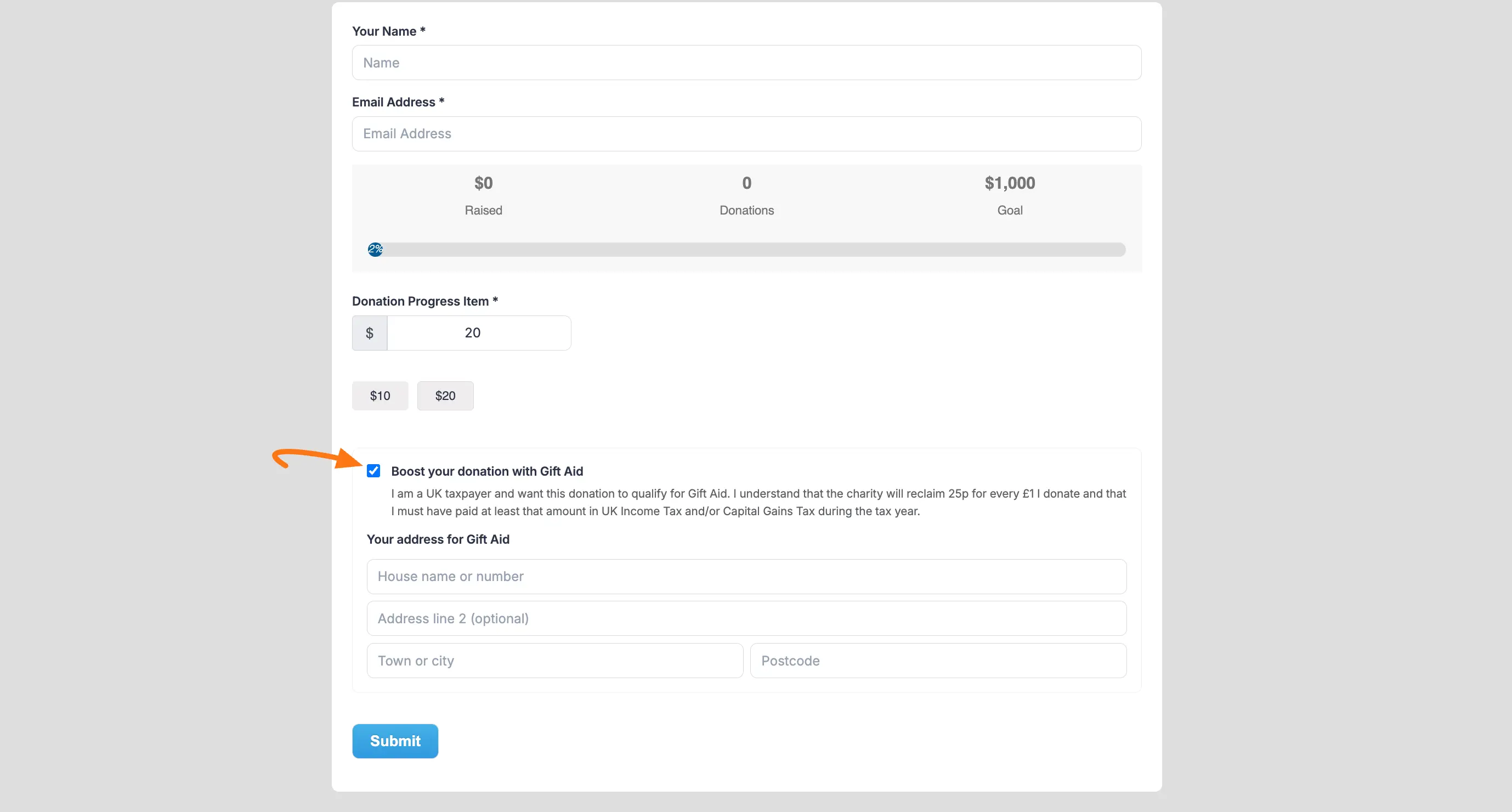 Donation form with Gift Aid section on the frontend