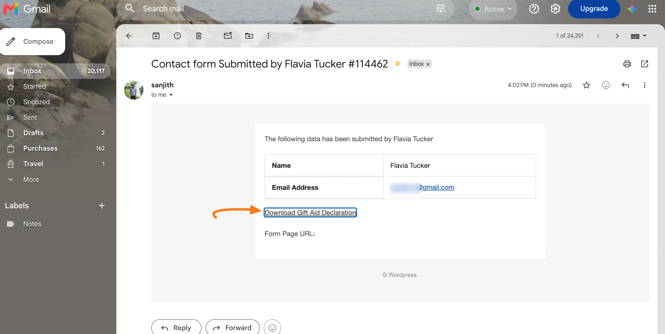 Admin email with Download Gift Aid Declaration link