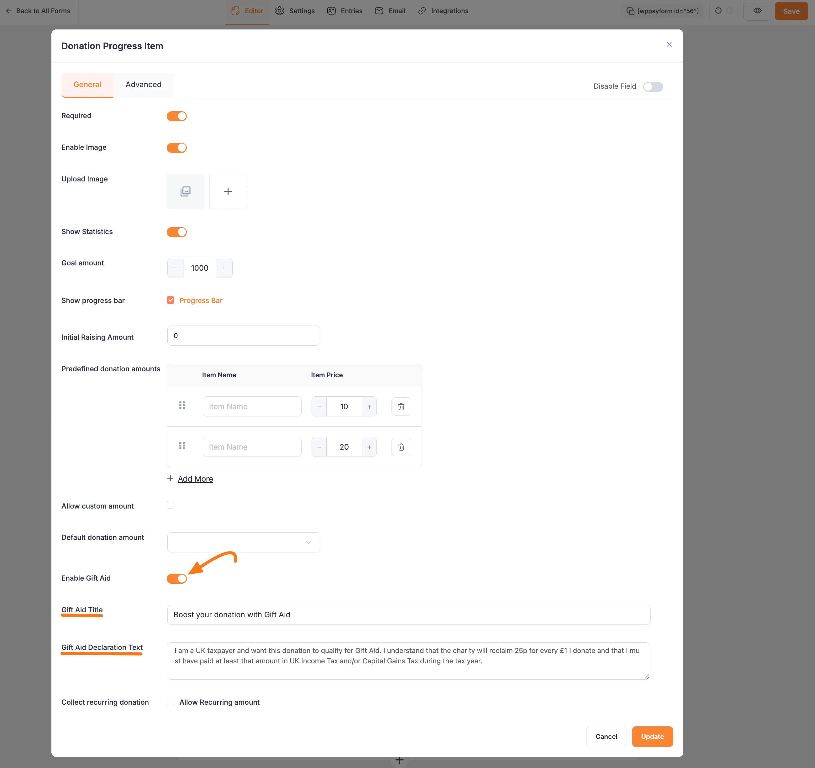Enable Gift Aid in Donation Progress Item settings