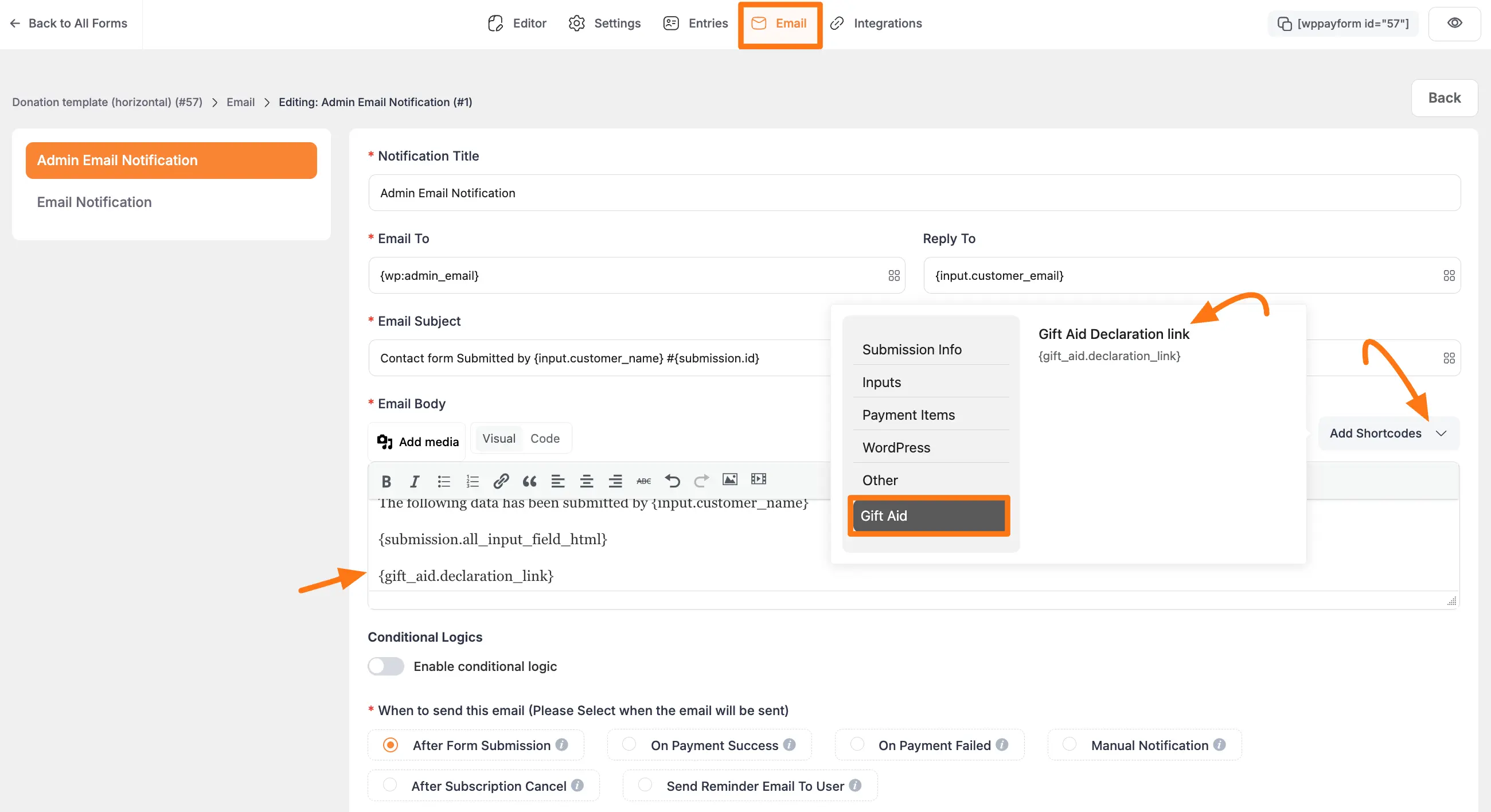 Adding the Gift Aid Declaration link shortcode in the email editor