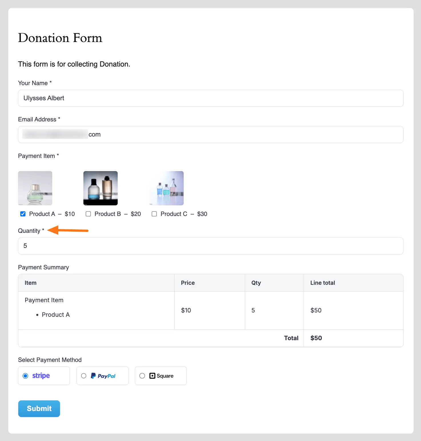 Preview of Item Quantity field