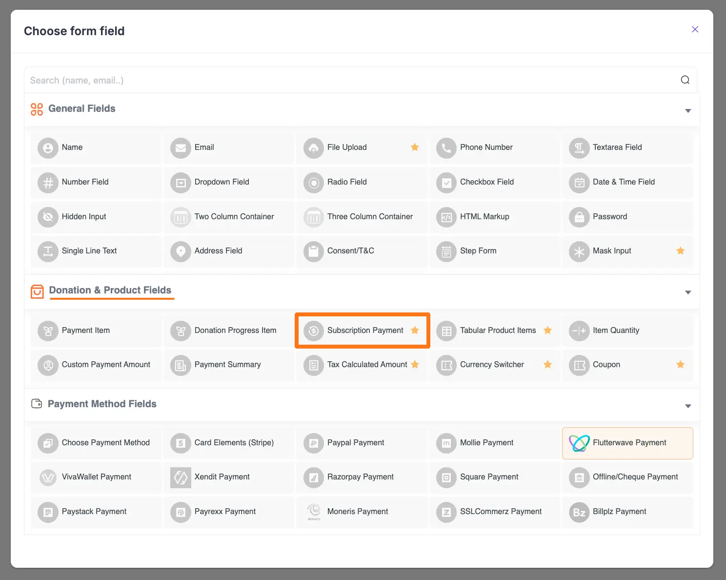 subscription payment item field