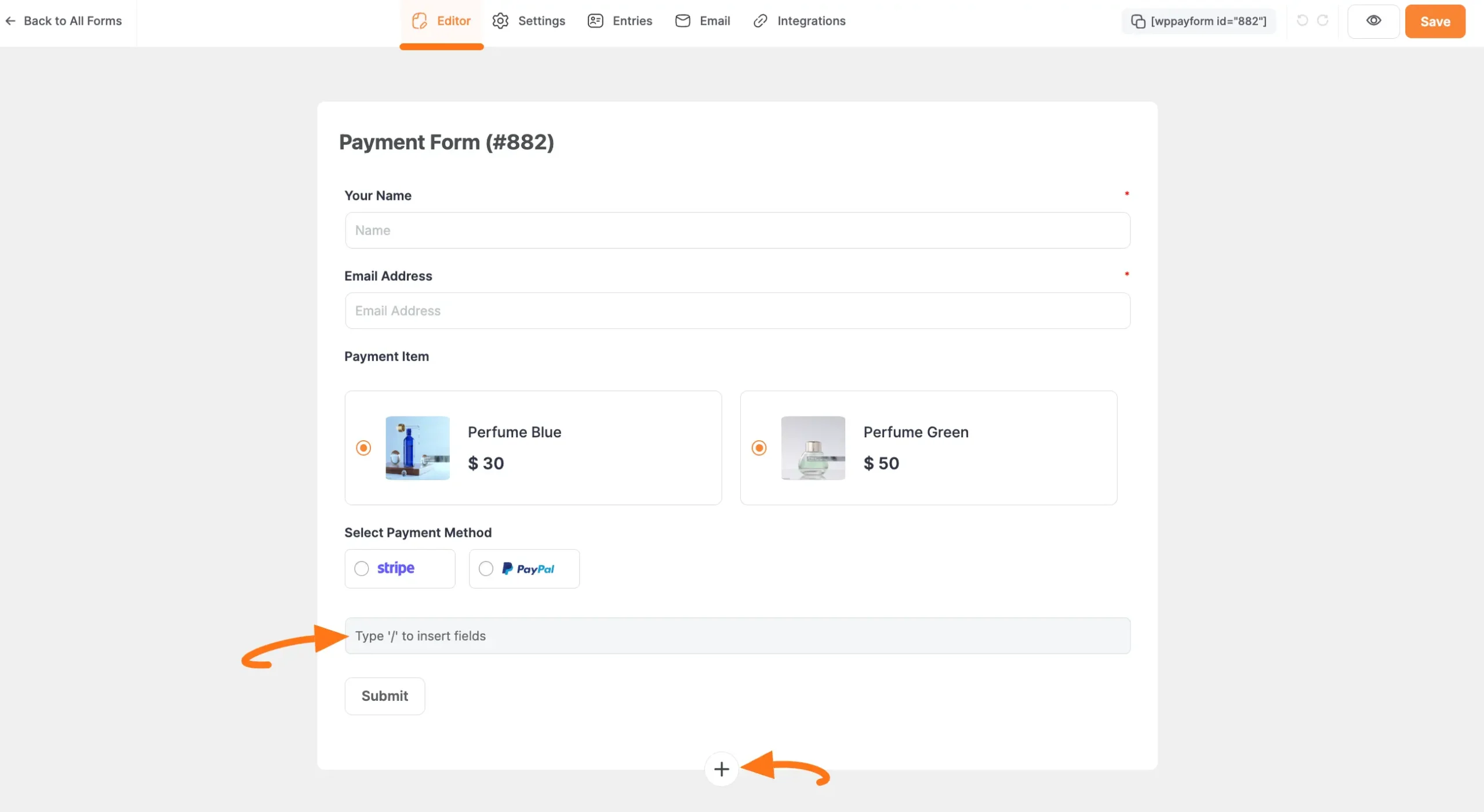 Plus Icon to add fields