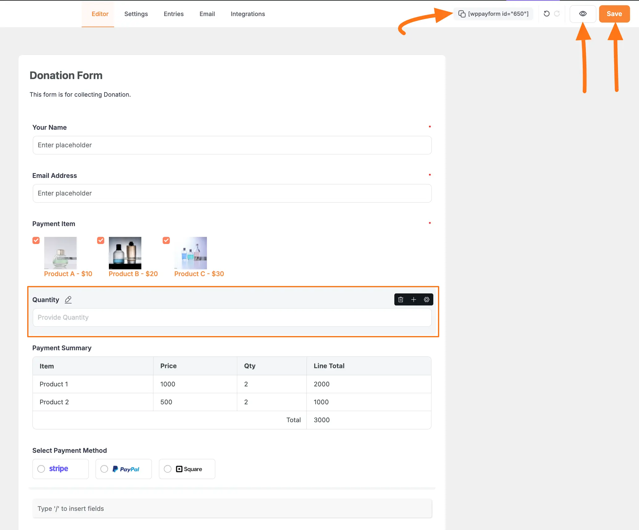 Save, preview and shortcode buttons