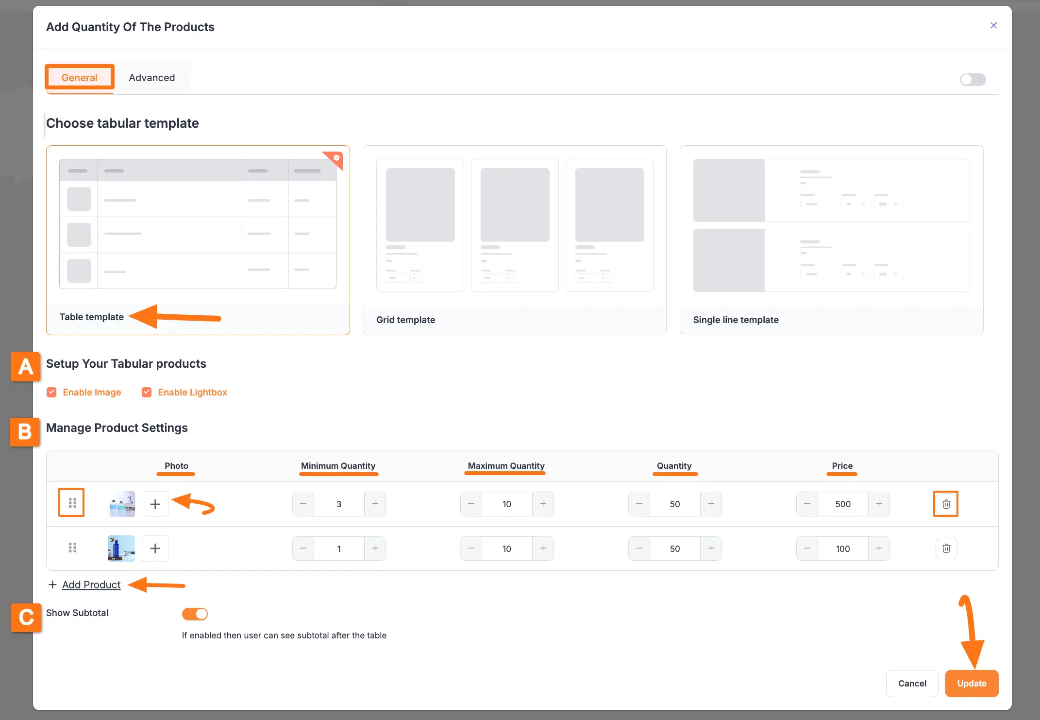 Table Template Settings