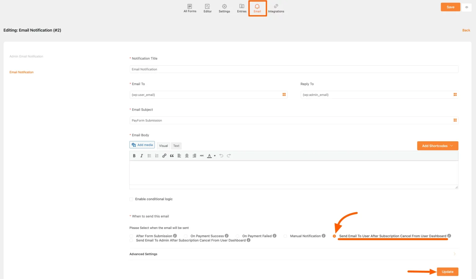 Configuring User email notification for subscription cancel within the form editor