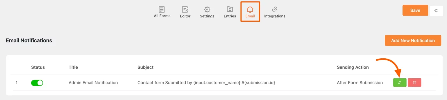 Accessing email notification settings within a specific form