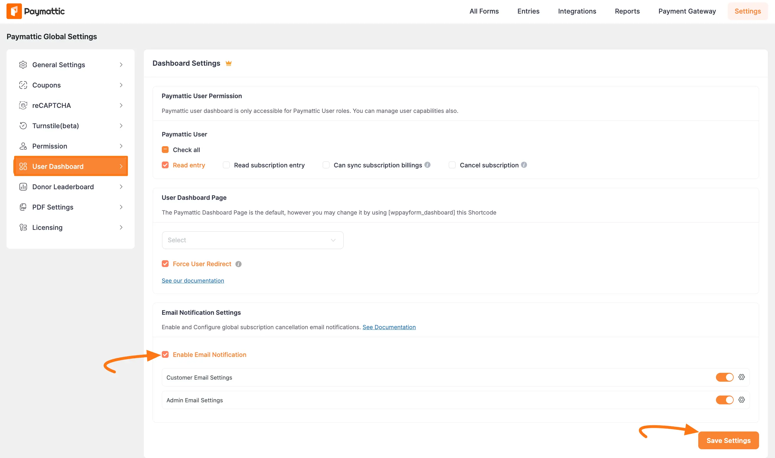 Enabling global email notification for subscription cancellation in Paymattic User Dashboard