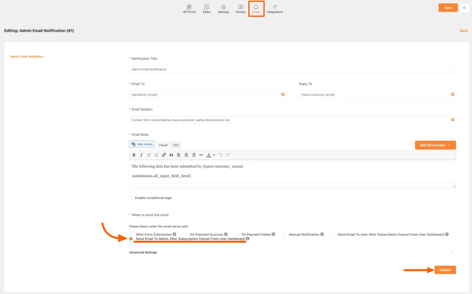 Configuring Admin email notification for subscription cancel within the form editor