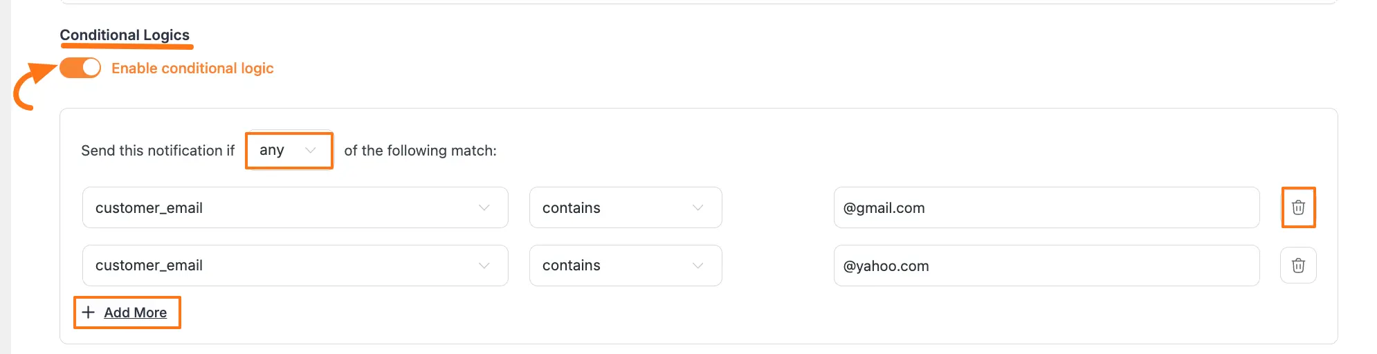 Conditional logic settings