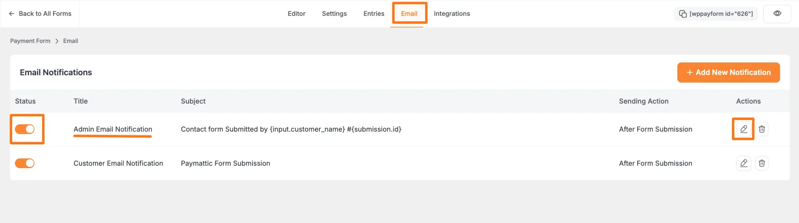 Admin notification settings