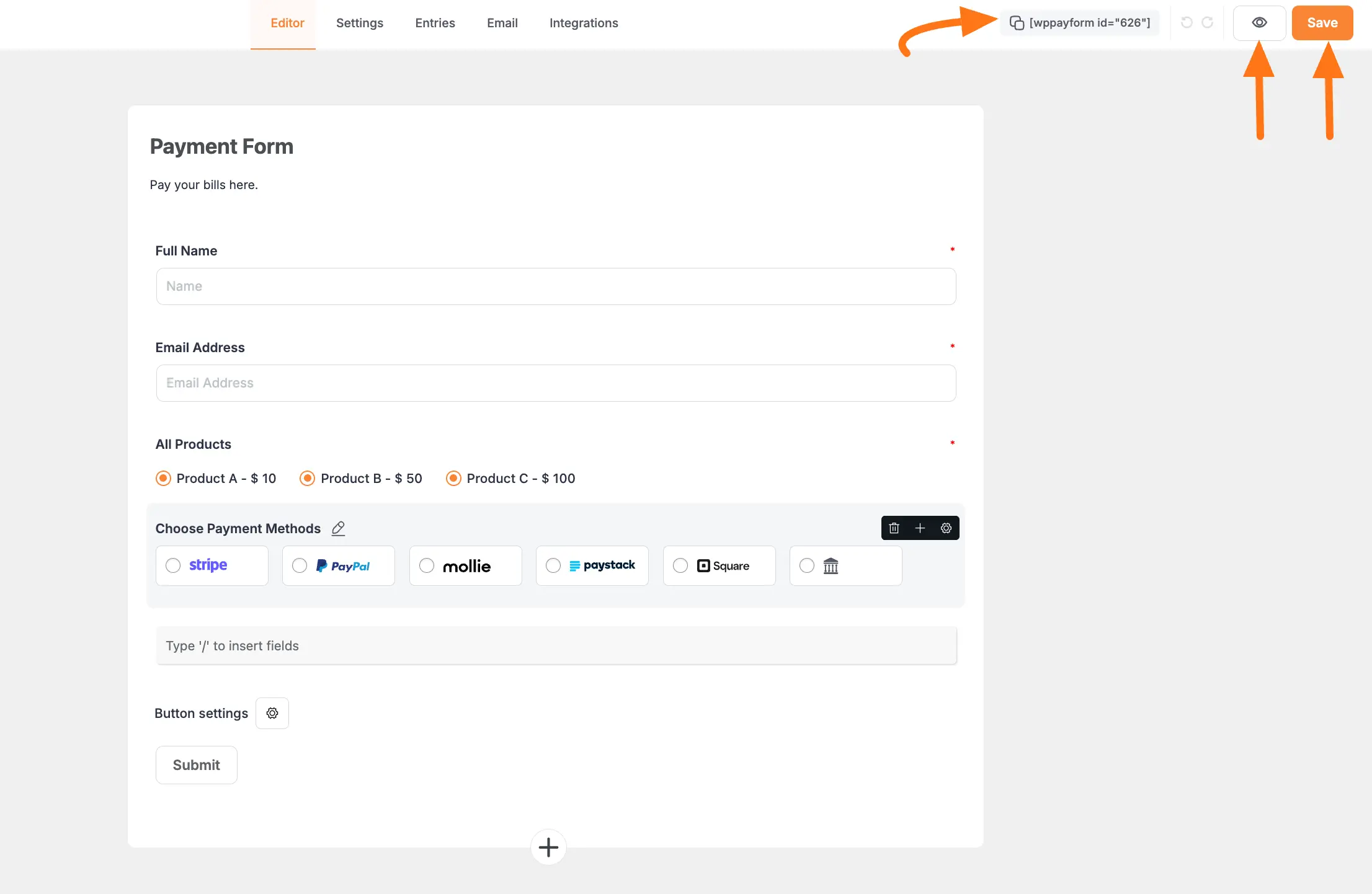 Save, preview and shortcode buttons