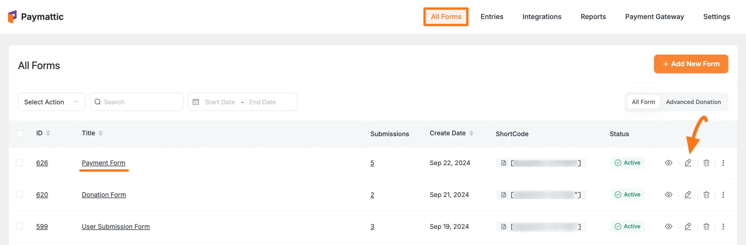Opening an existing form in Paymattic