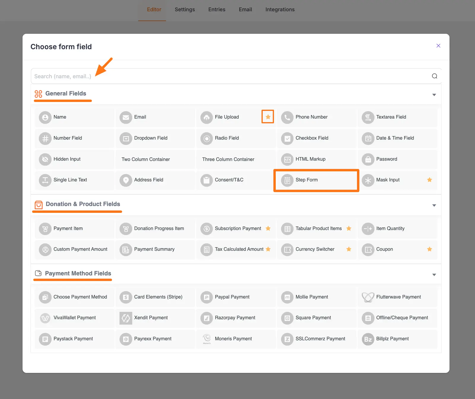 Step form field selection