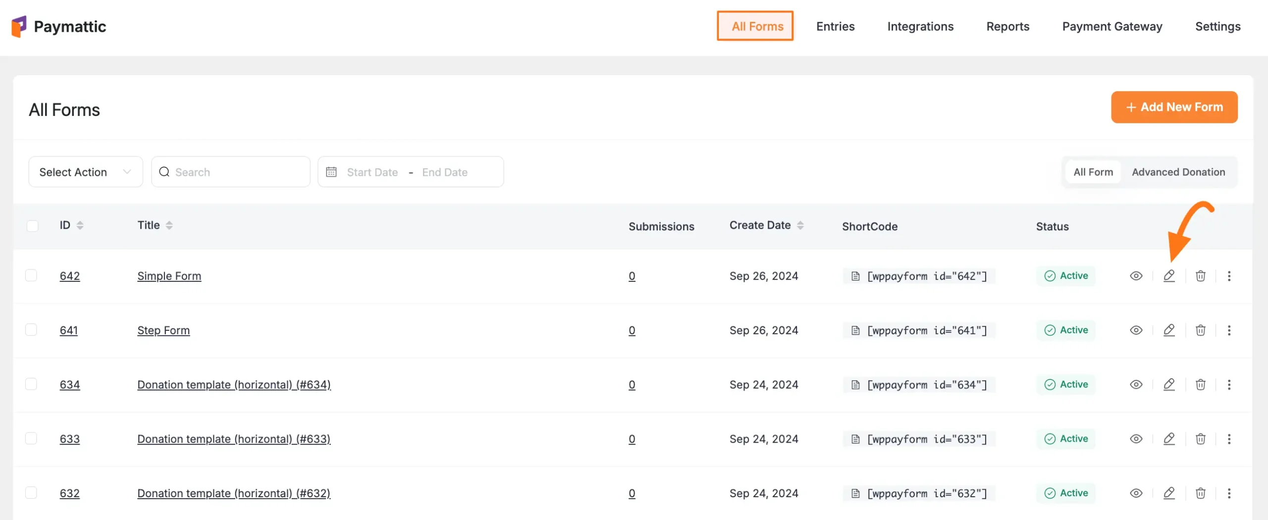 Edit form using pencil icon