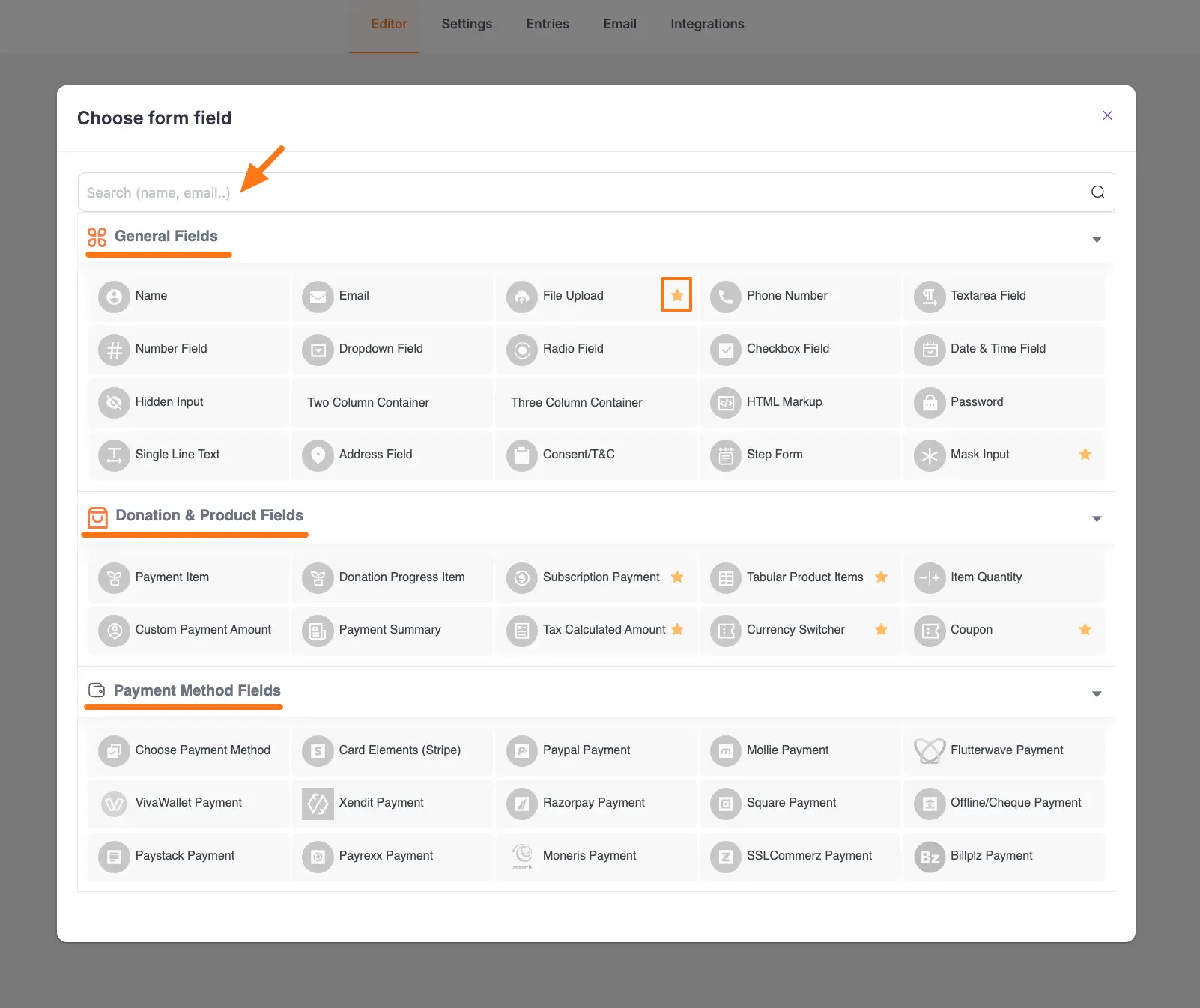 Form field selection page