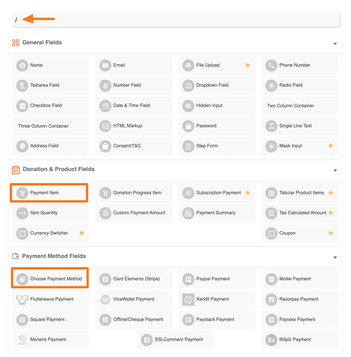 Selecting payment fields