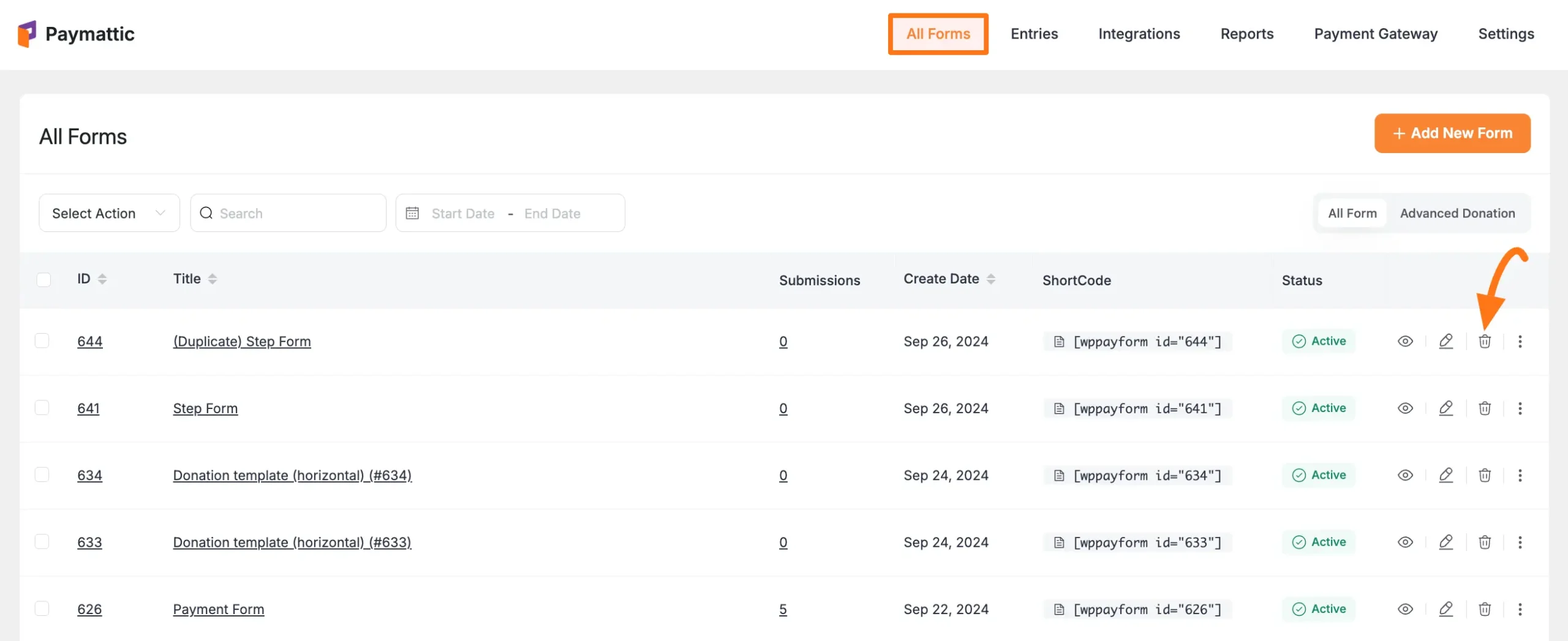 Deleting a form using trash icon