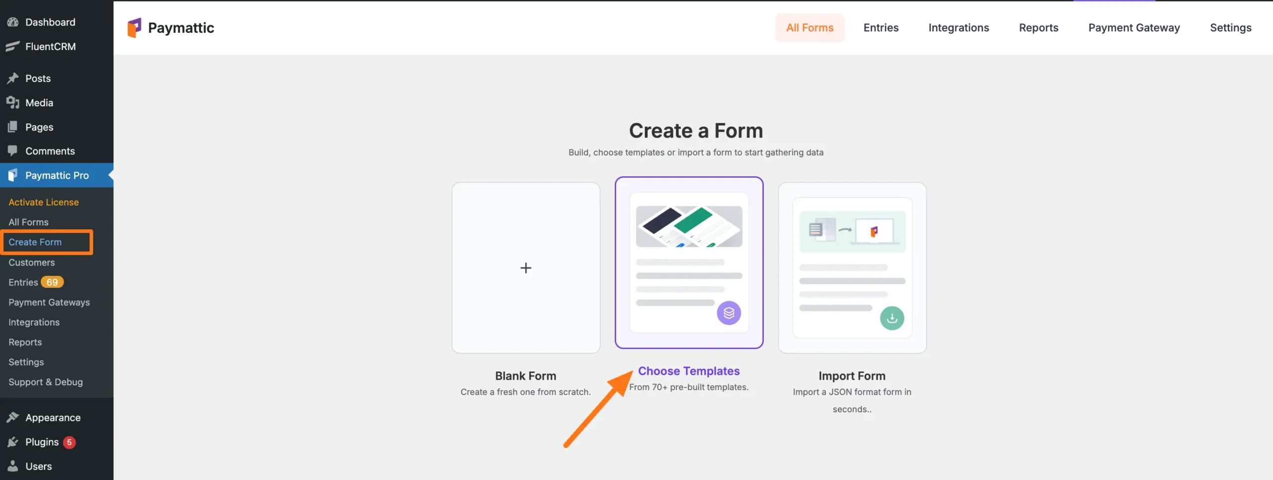 Choose Templates button in Paymattic dashboard