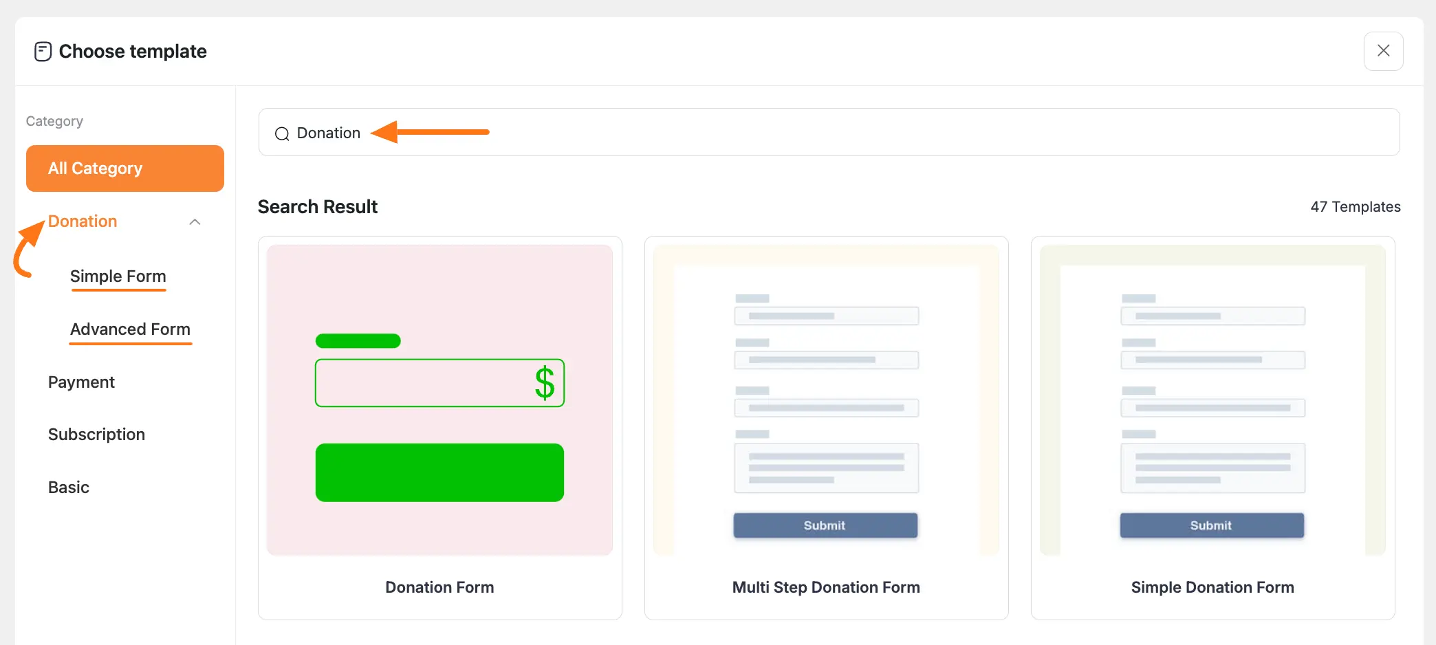 Choose template categories and options