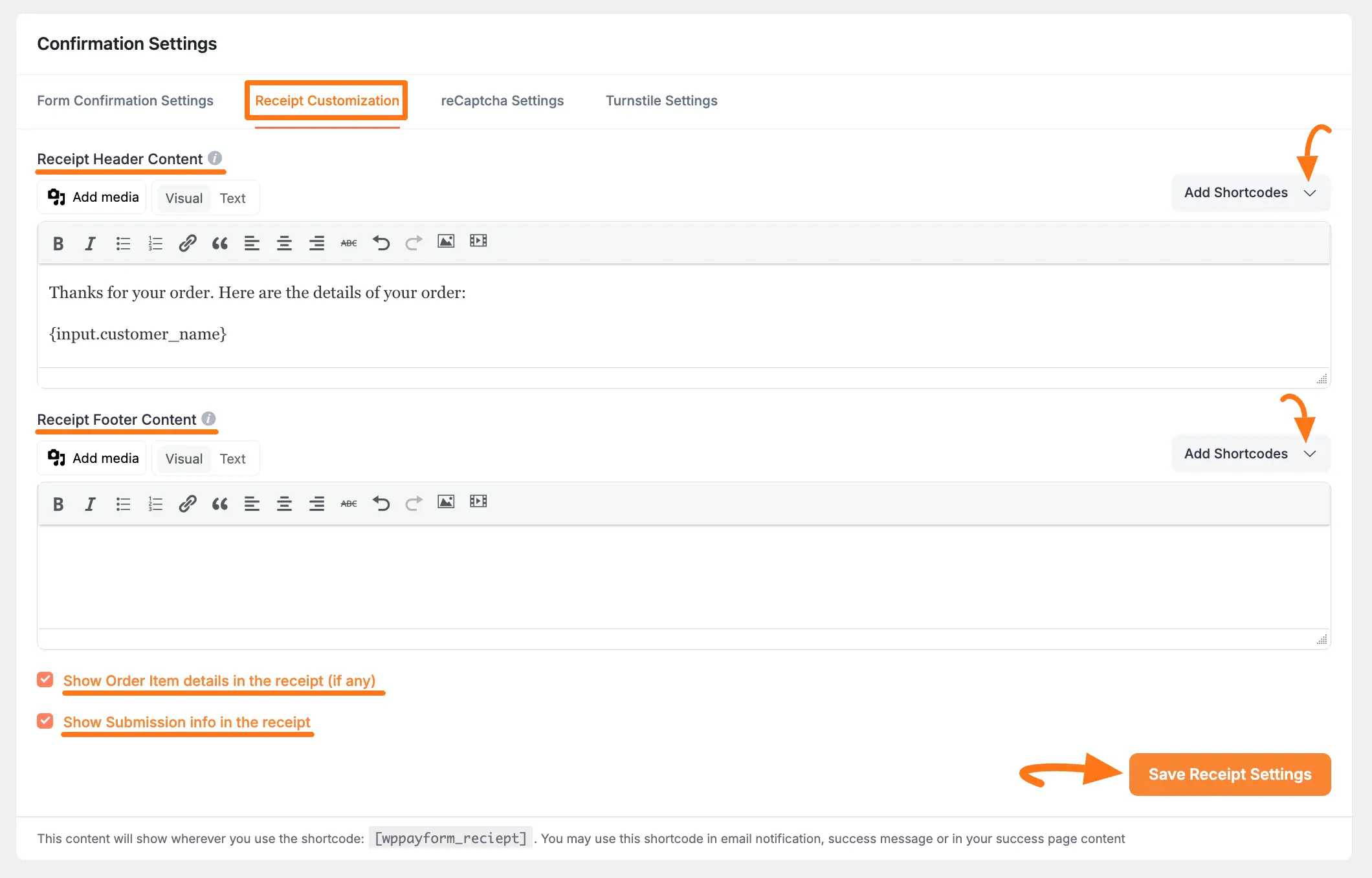 Receipt customization settings