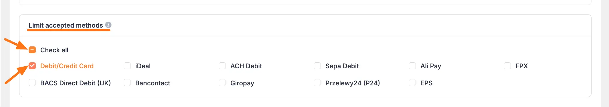 Configuring accepted payment methods