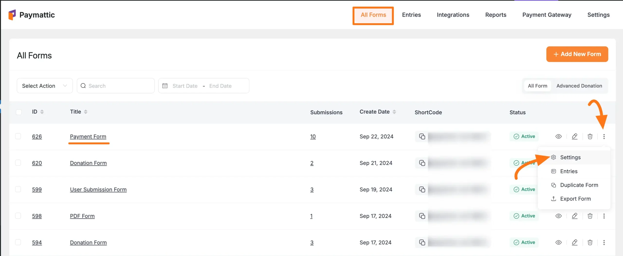 Accessing form settings through three-dot menu