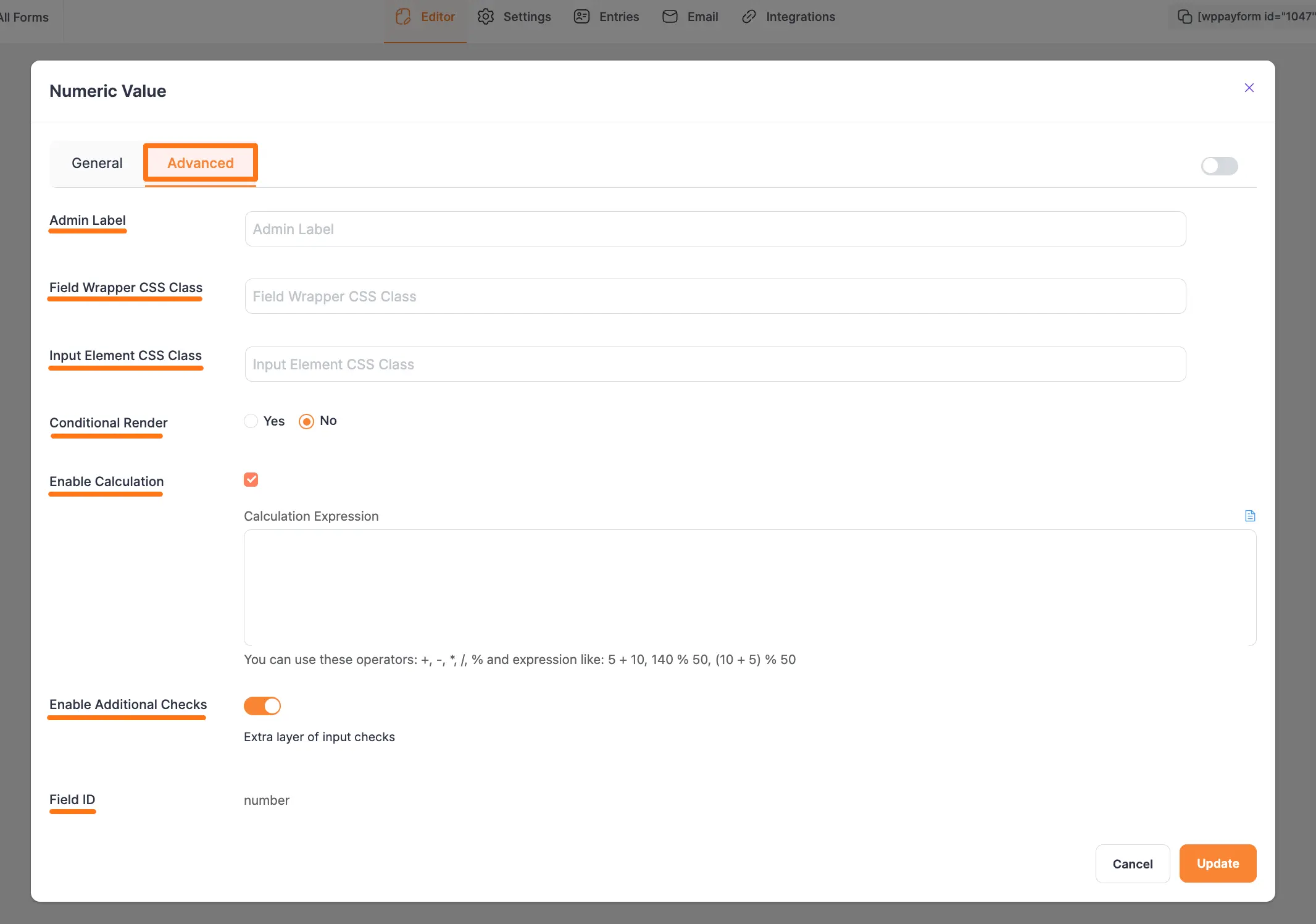 Number Field Advanced Settings