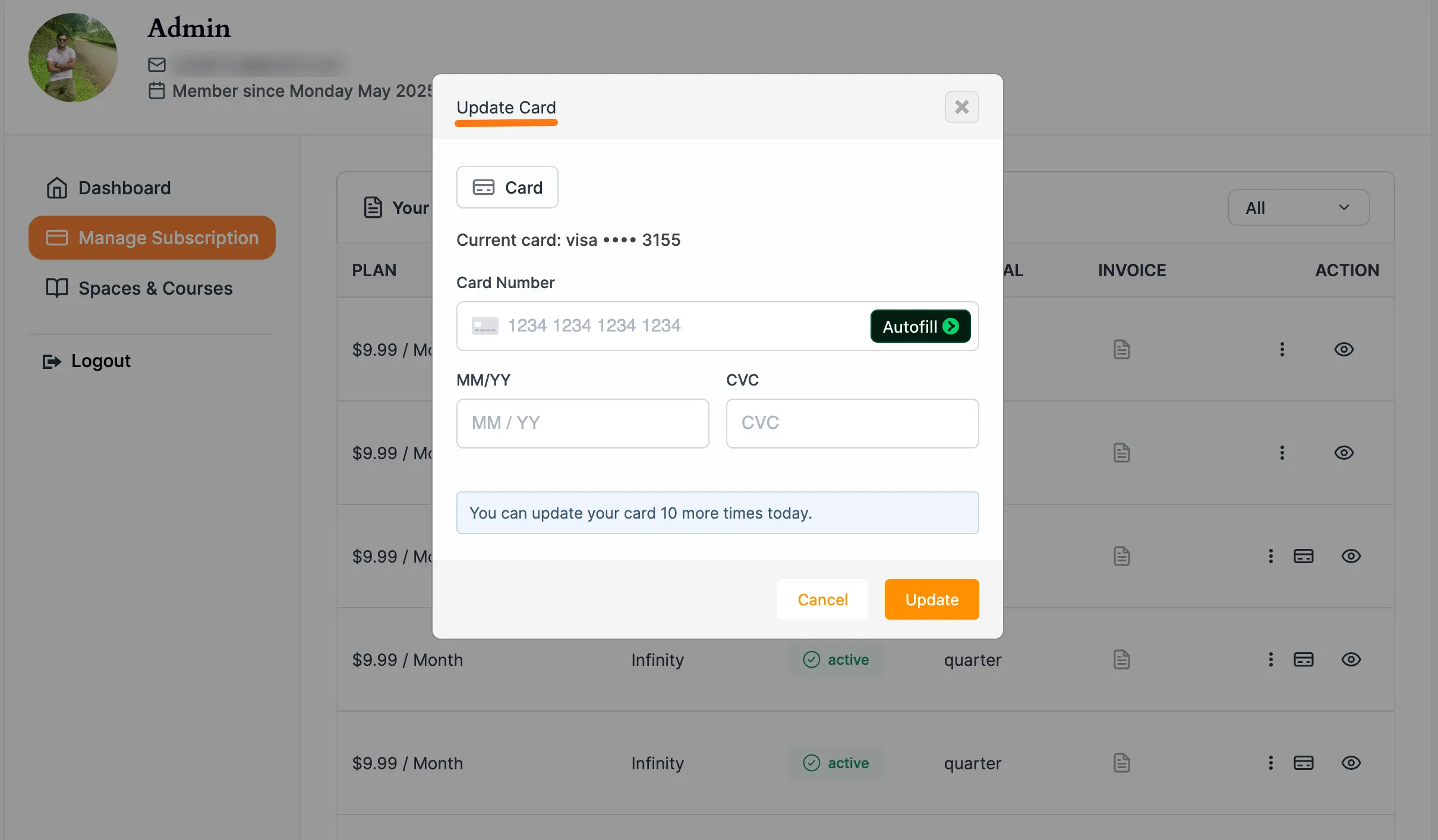 Update subscription card