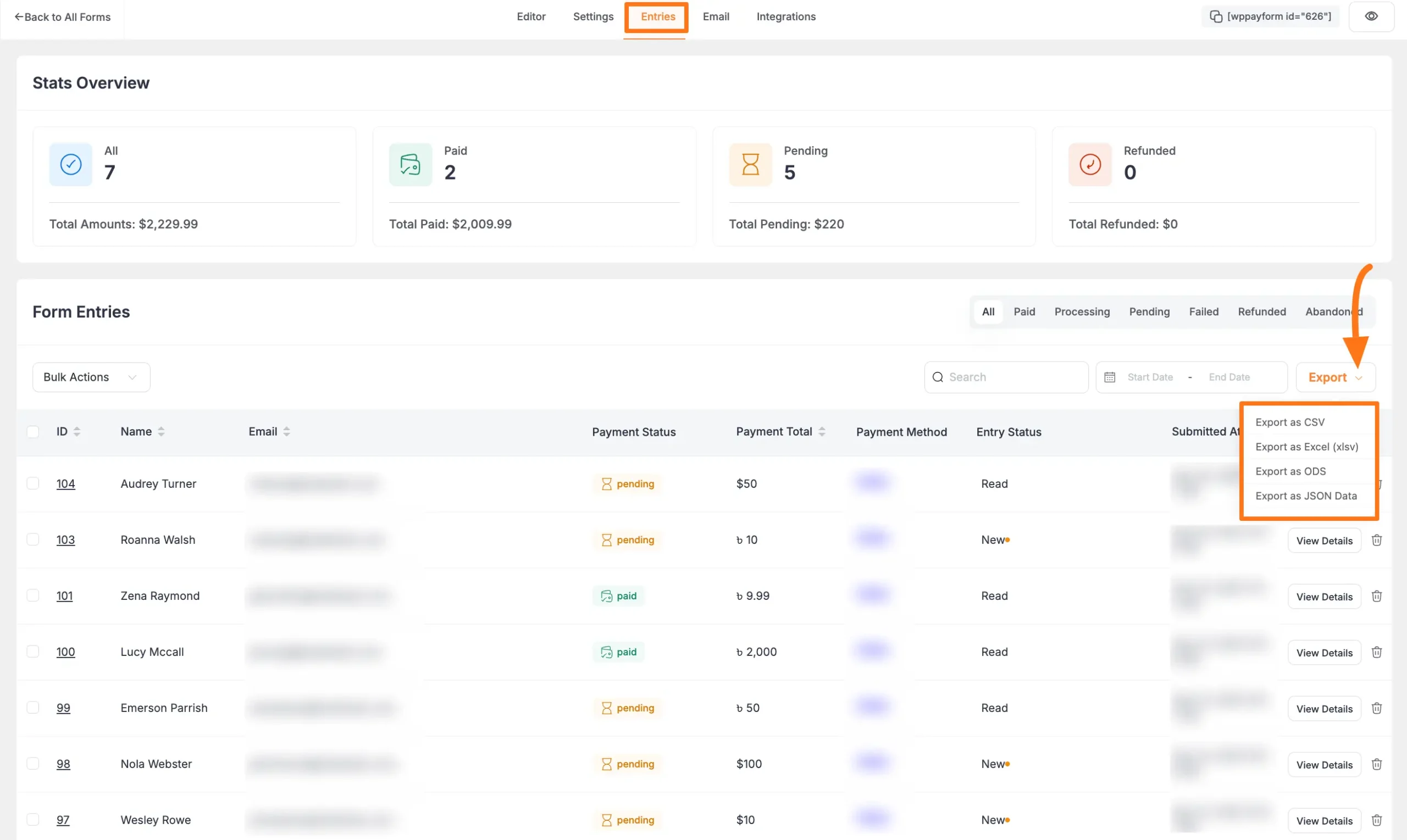 Export format options