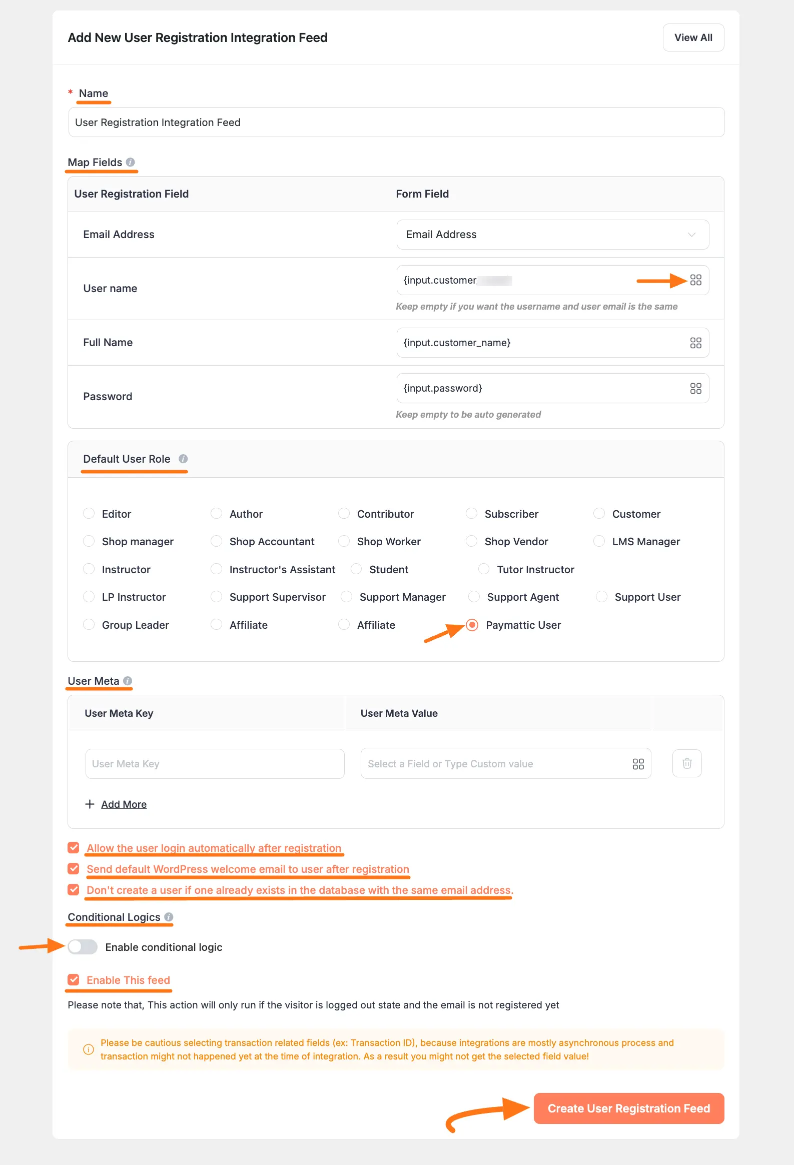 User registration configuration