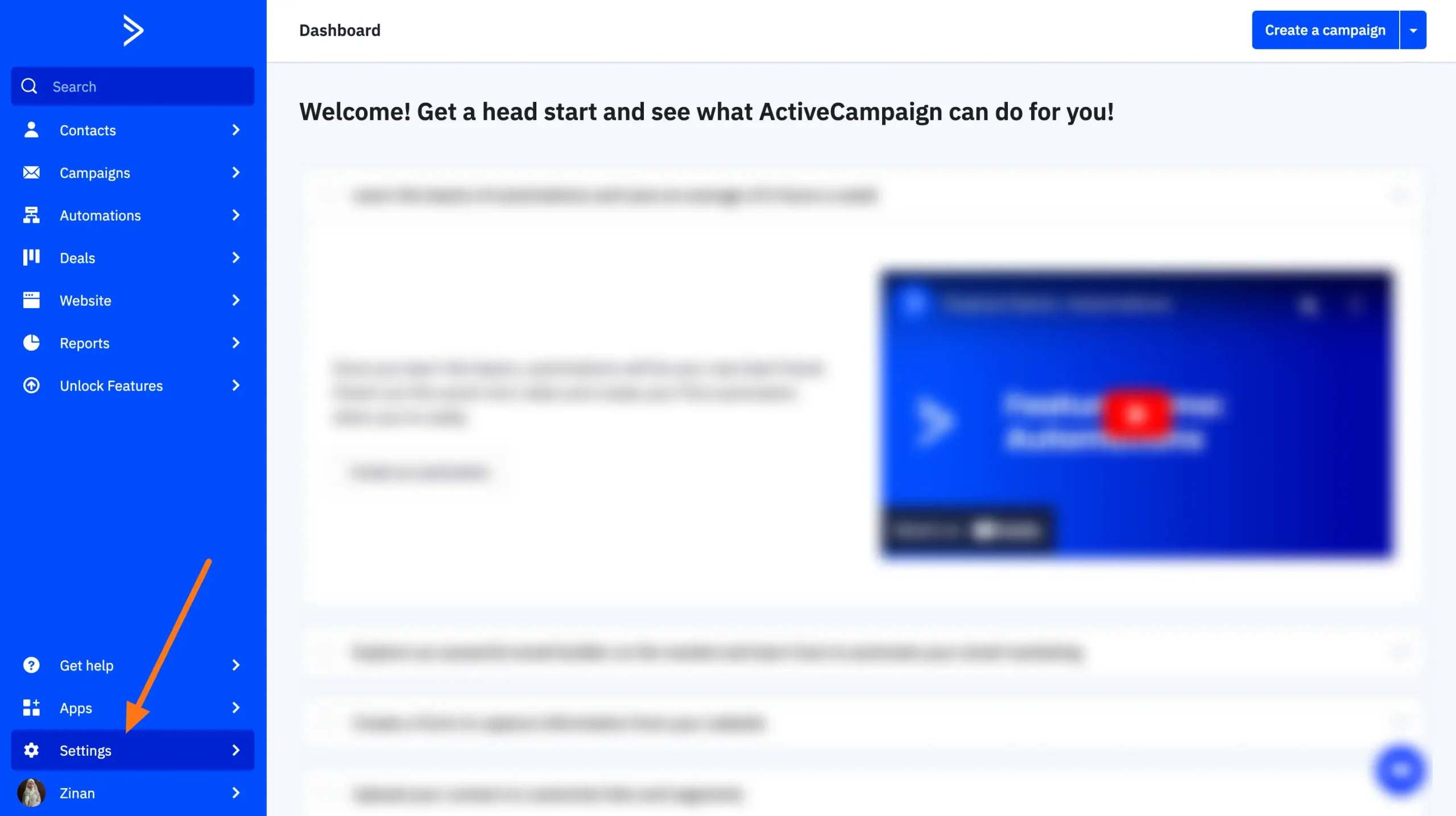 Settings tab in ActiveCampaign