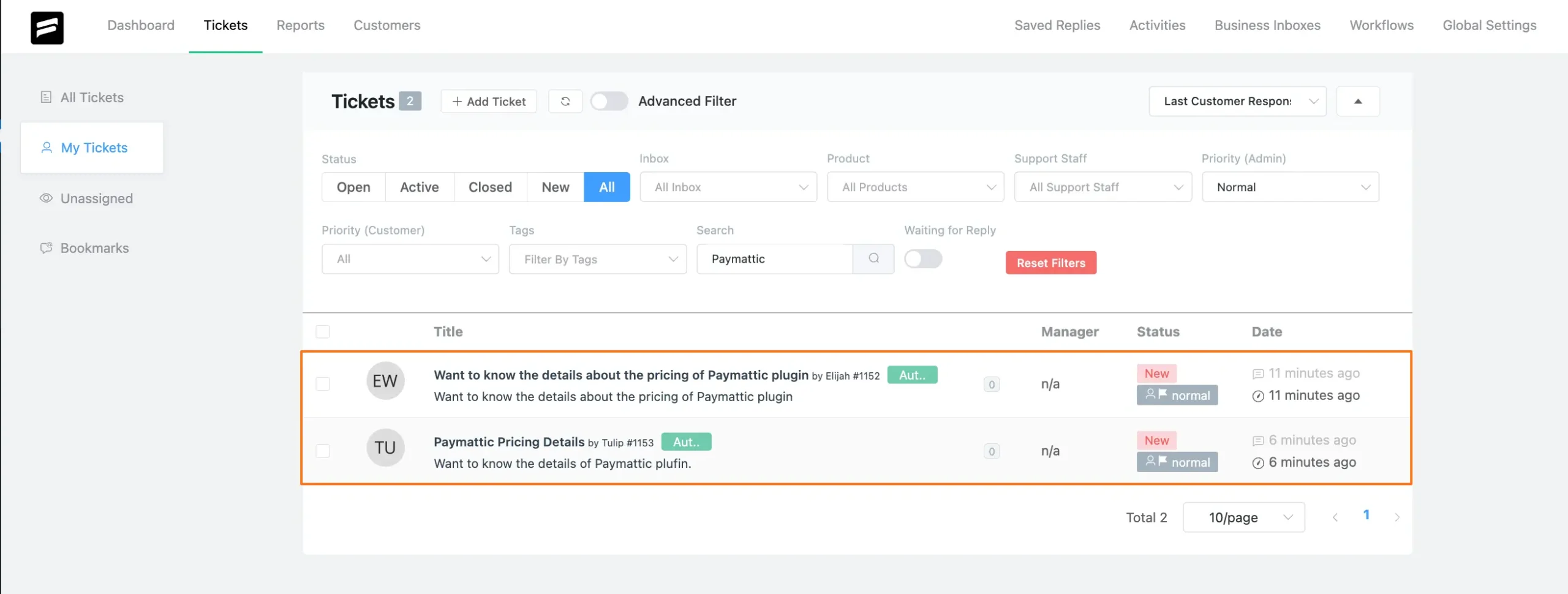 Preview of Fluent Support tickets