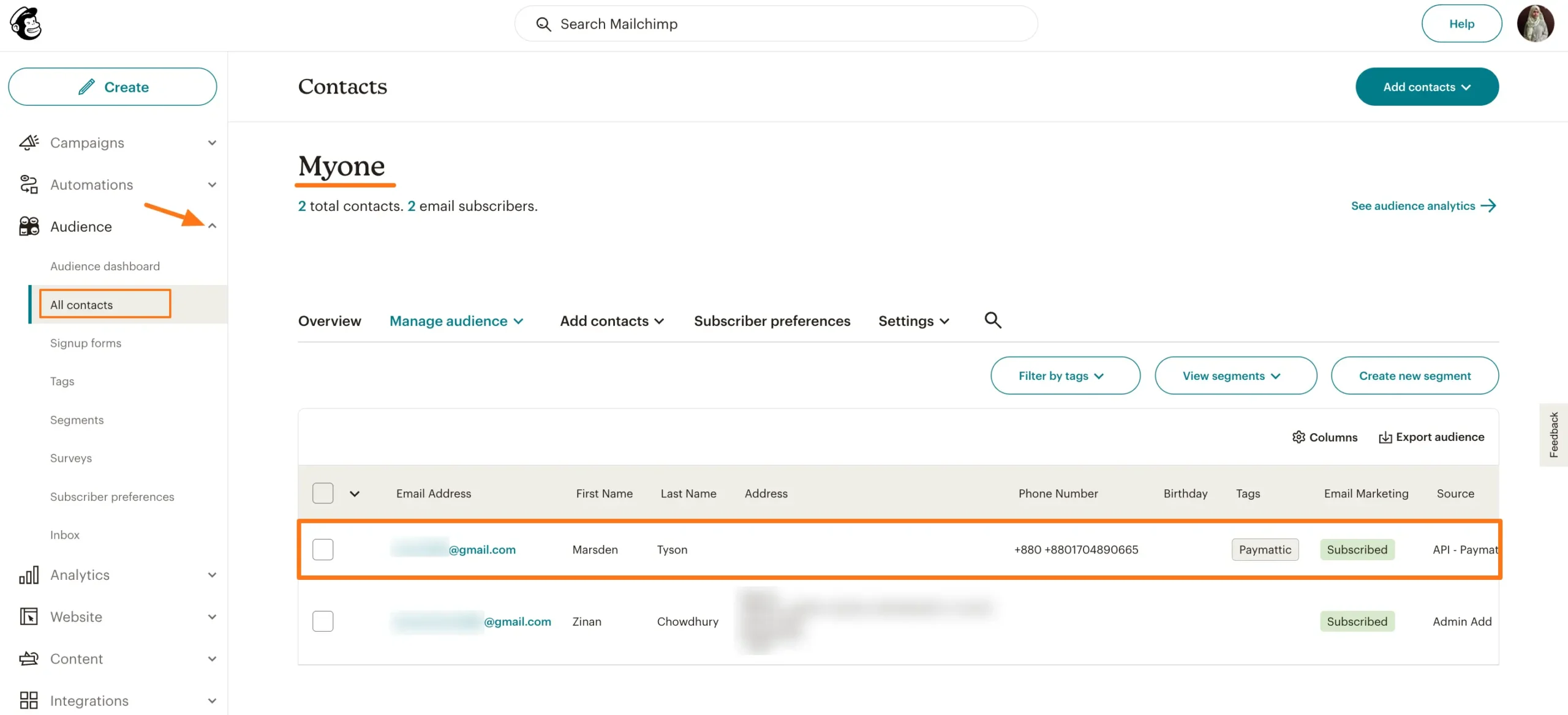 Preview of Mailchimp contacts