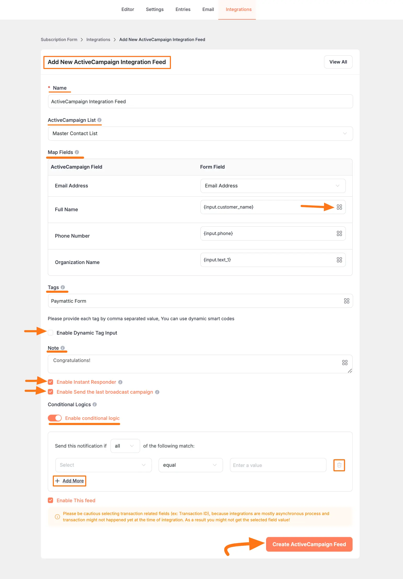 ActiveCampaign integration settings