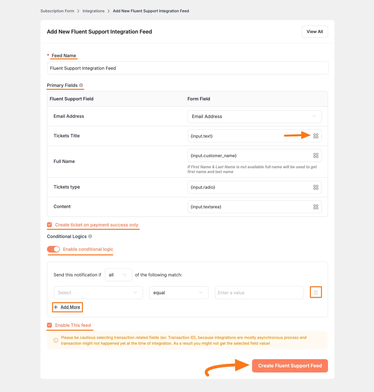 Fluent Support integration settings