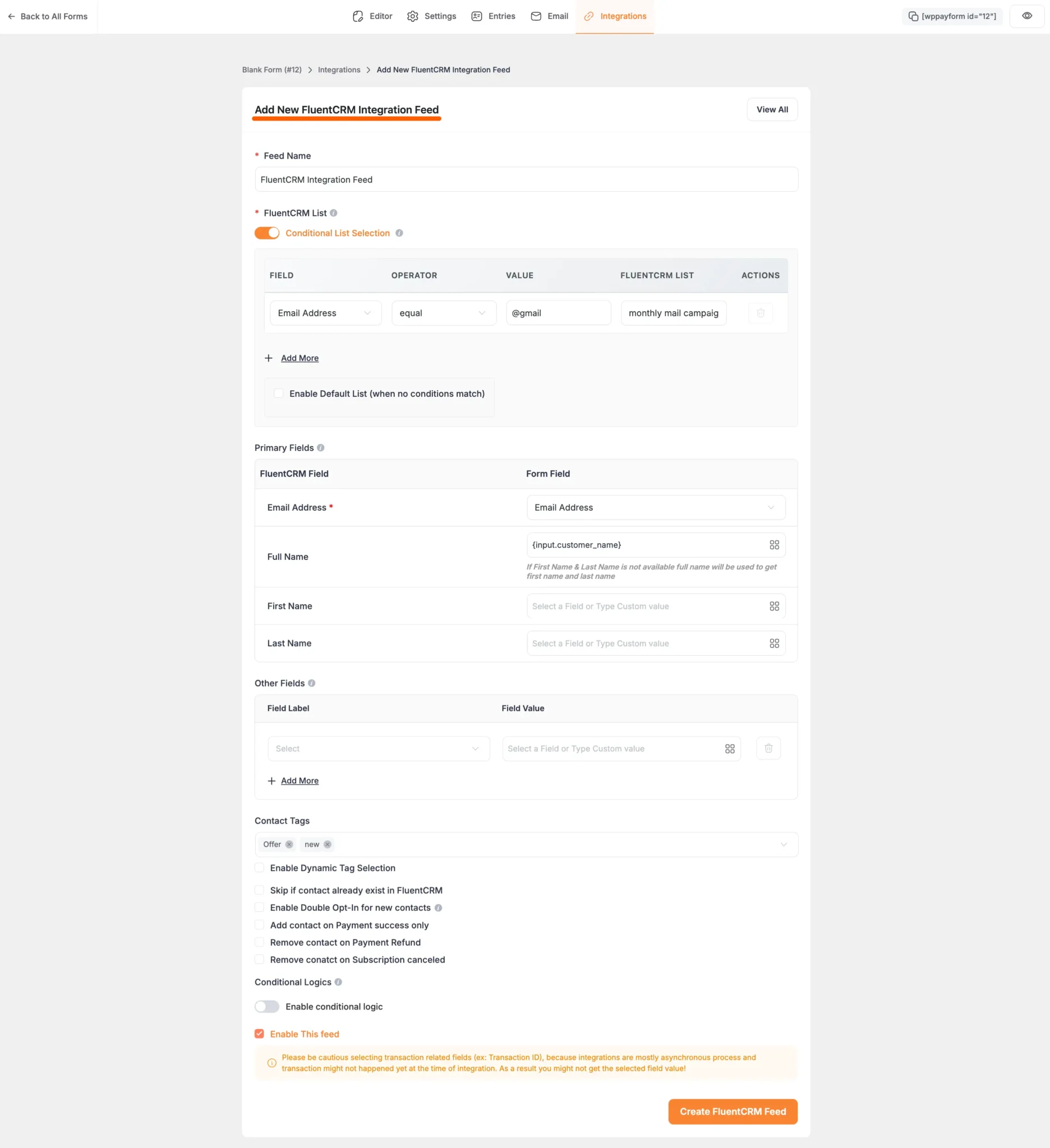 FluentCRM integration settings