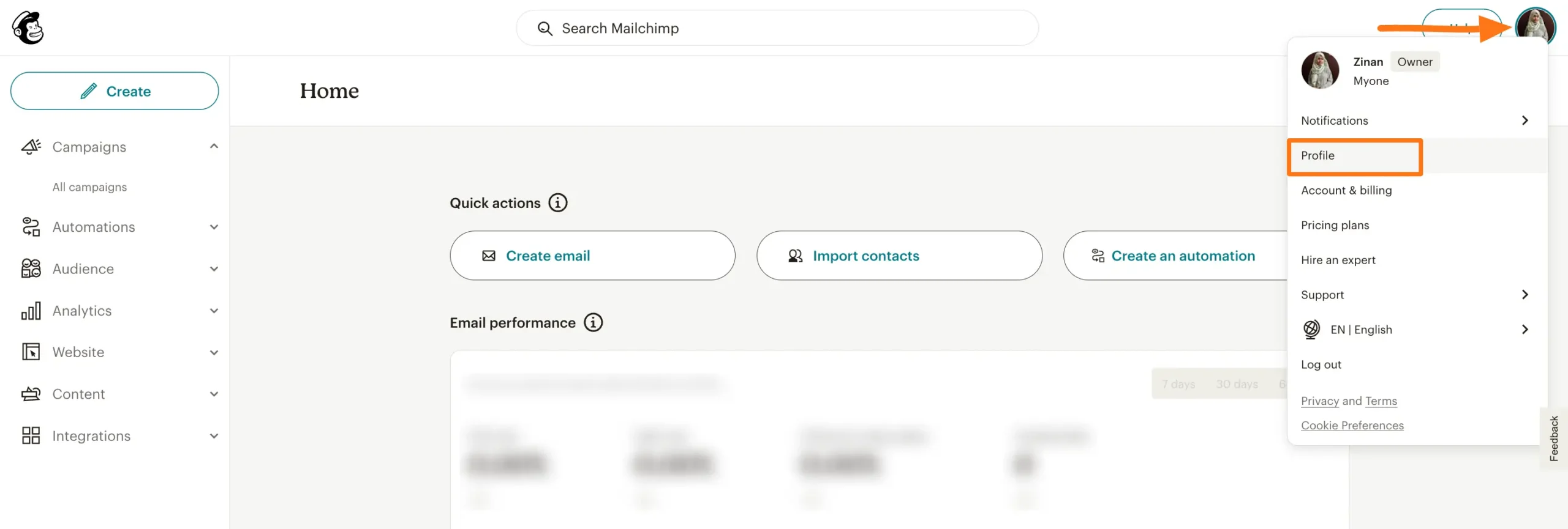 Profile icon in Mailchimp