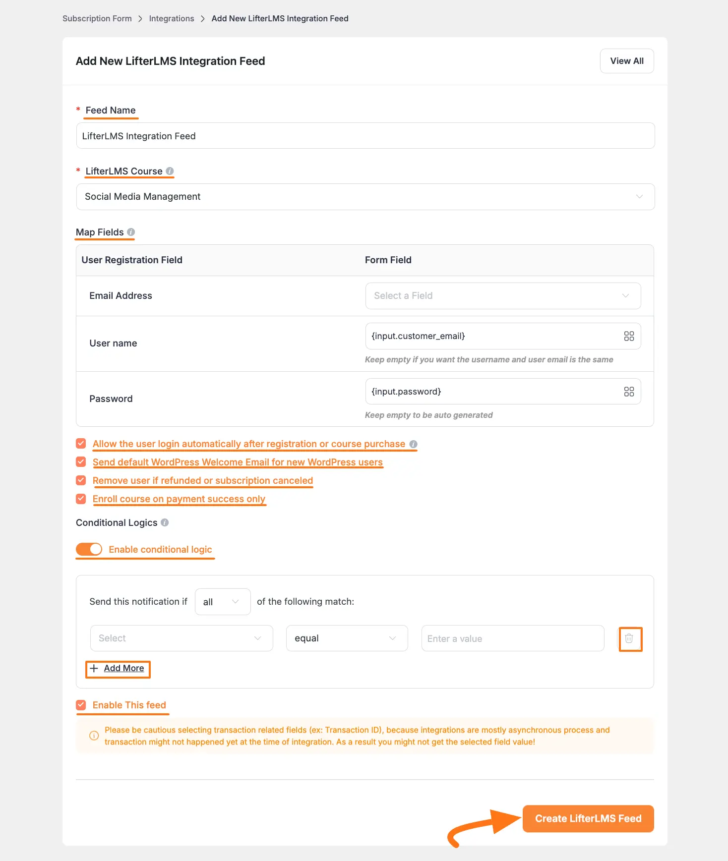 LifterLMS integration settings