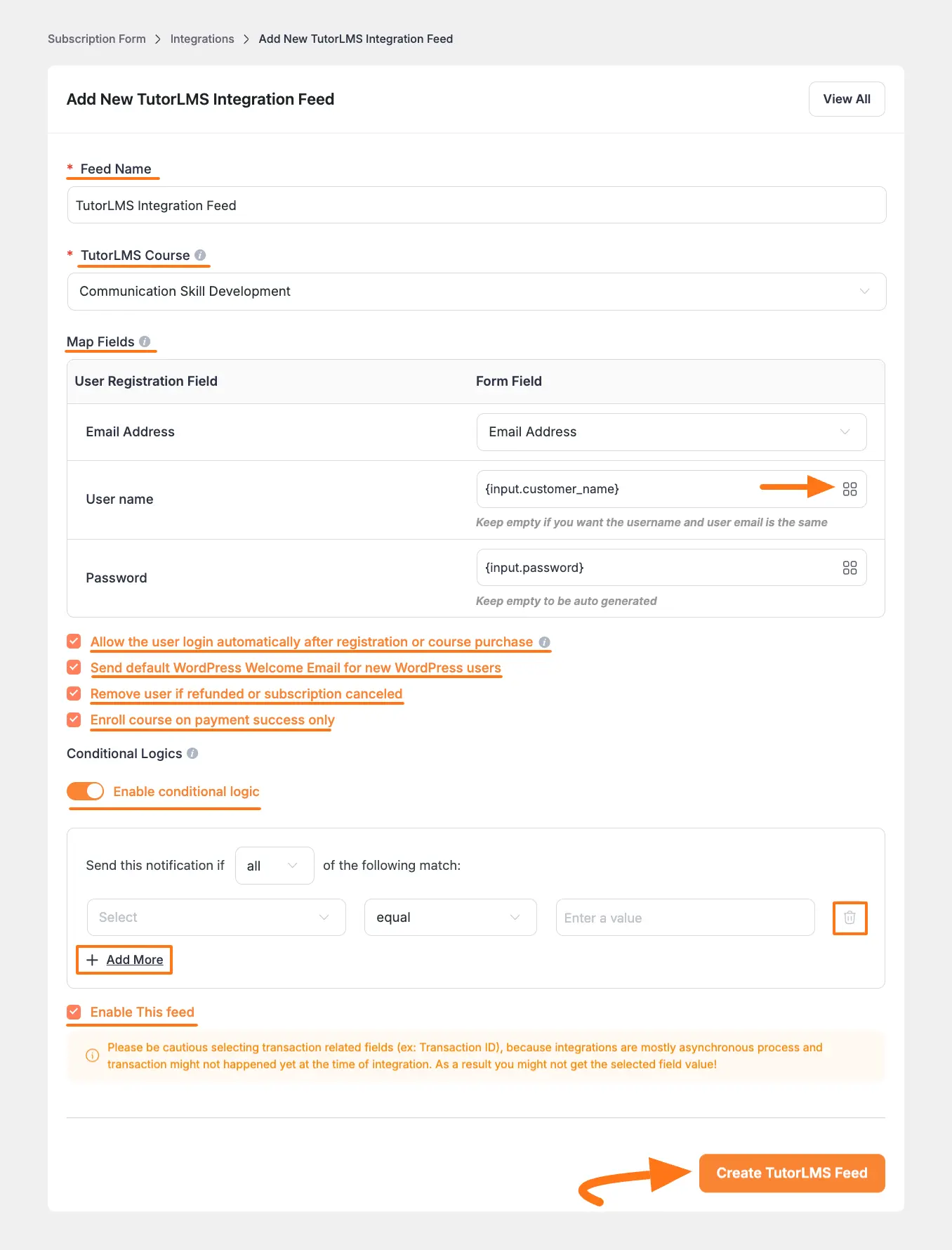 Tutor LMS integration settings