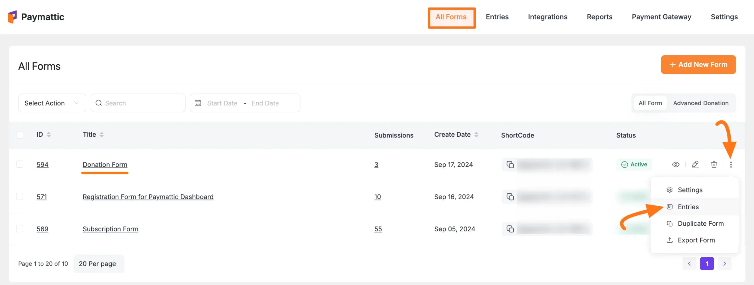 Quick access to form entries