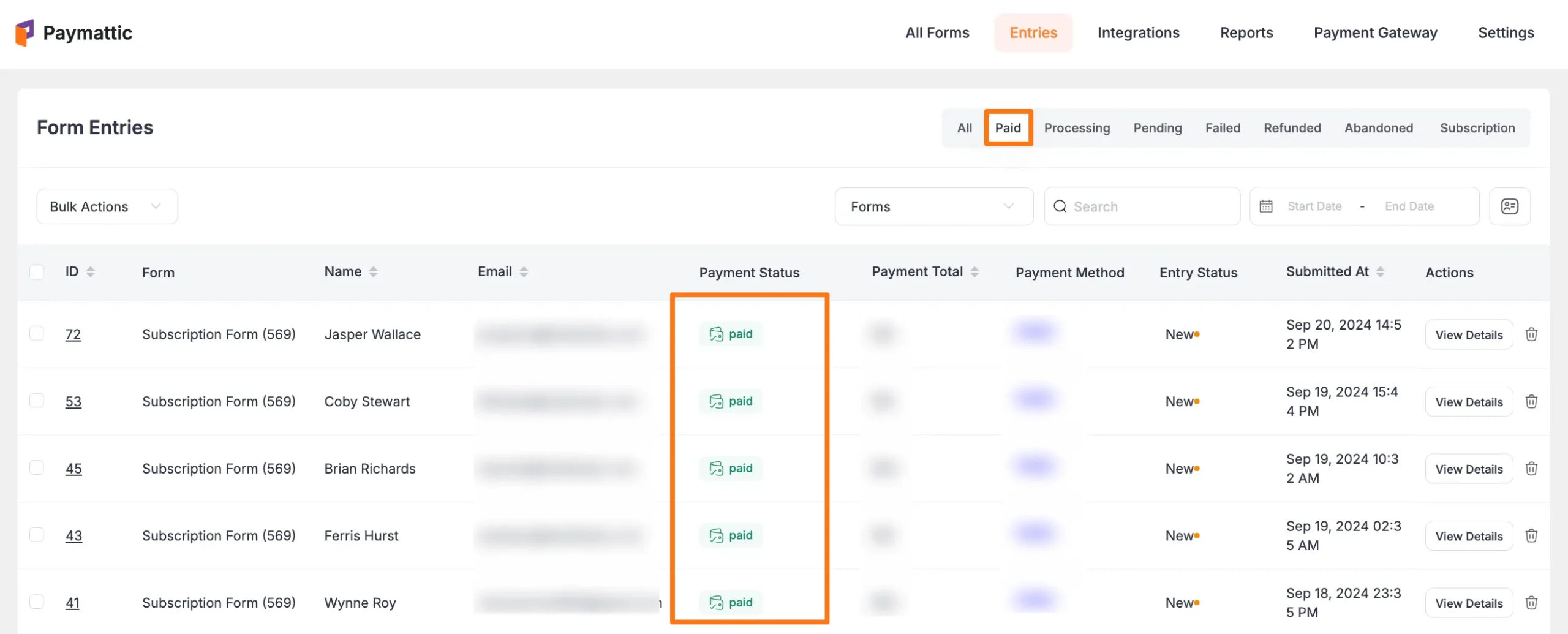 Payment status filter