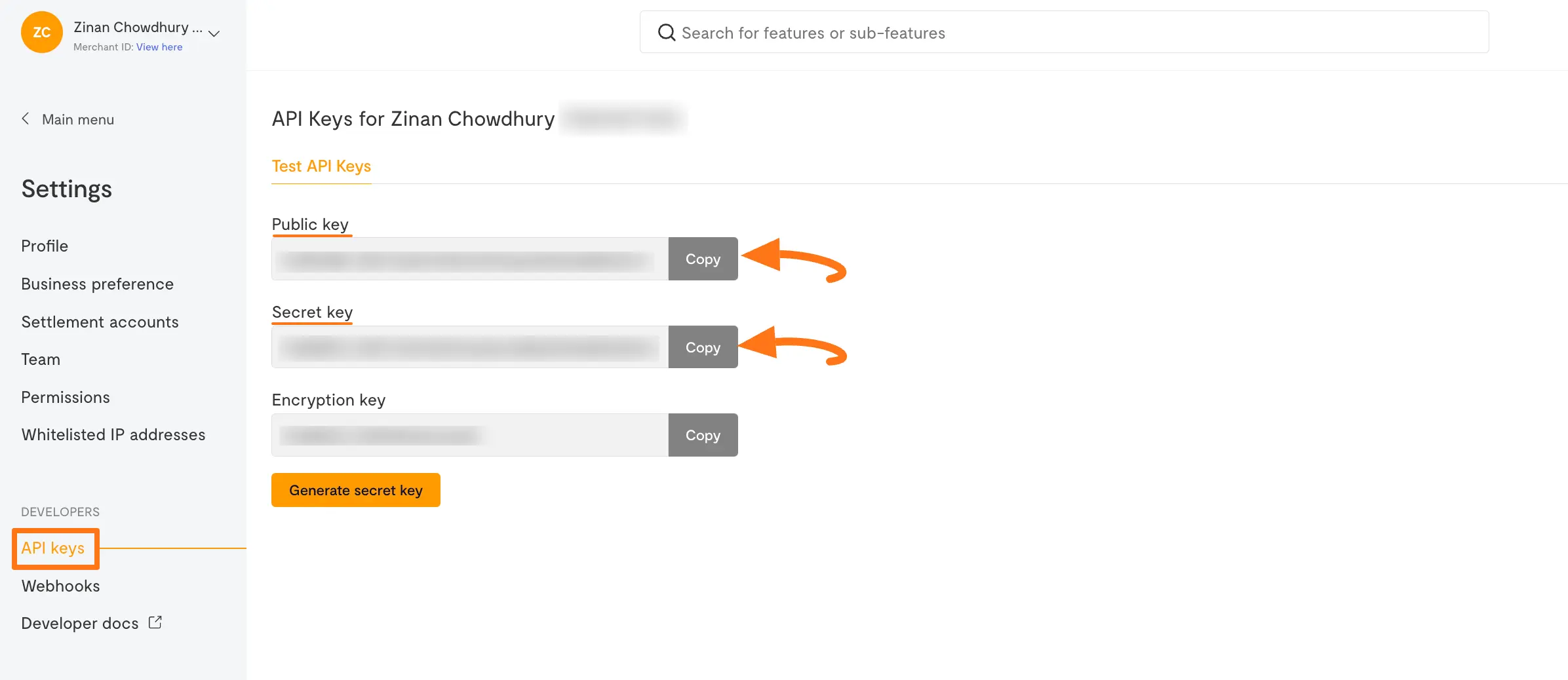 Copy Flutterwave API Keys