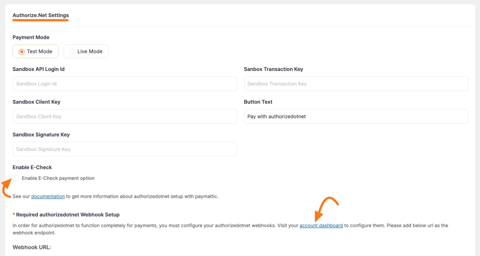Enabling the E-Check payment option in Authorize.net settings