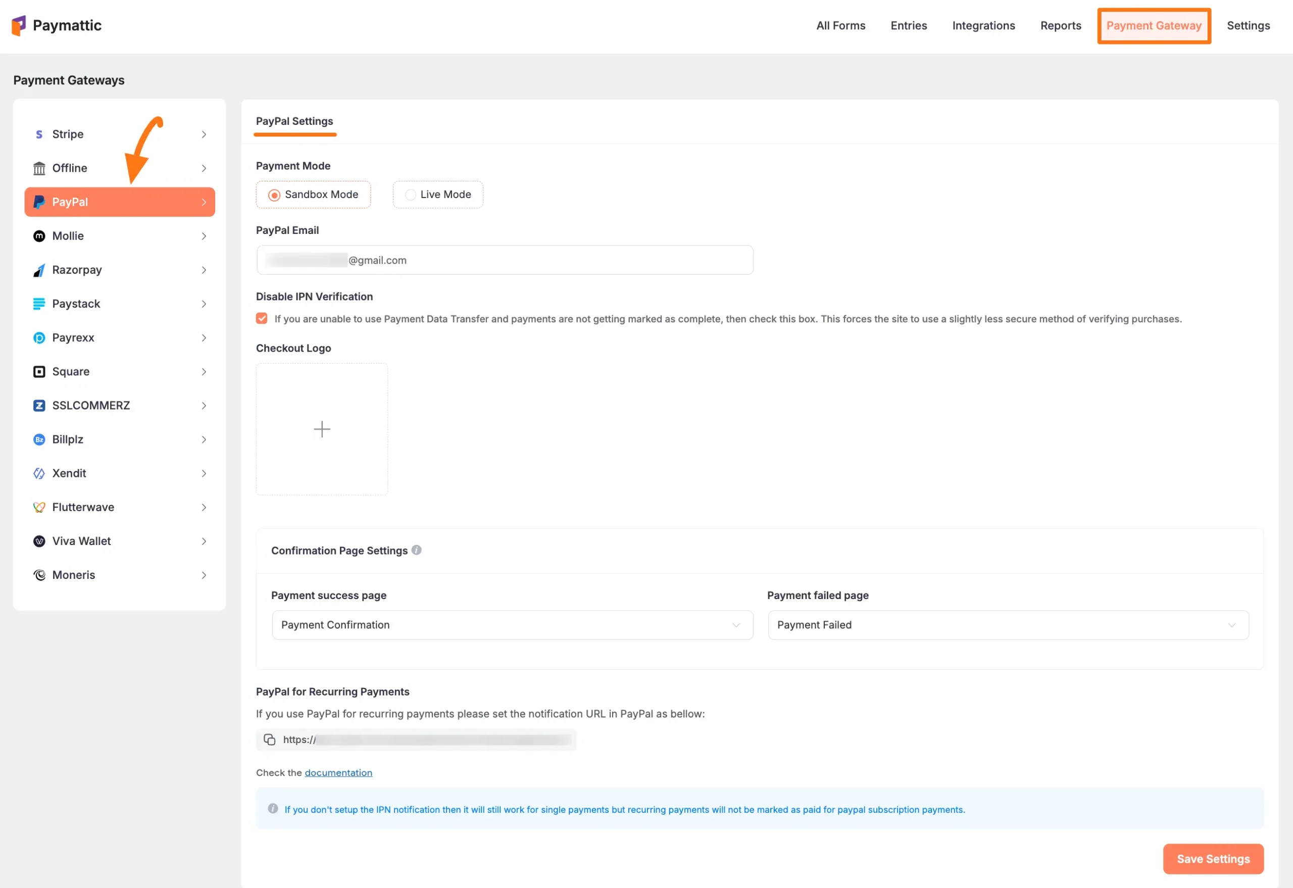 PayPal Settings Tab in Paymattic
